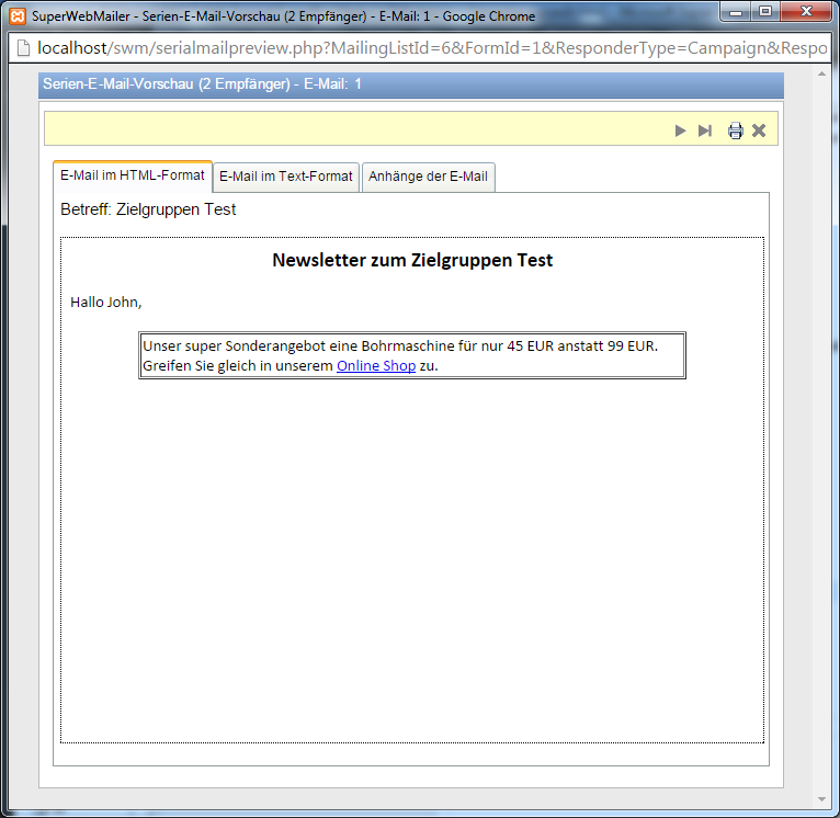 Serien-E-Mail-Vorschau John mit Zielgruppen